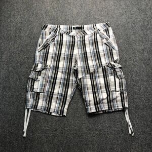 Fried Denim Mens Plaid Cargo Shorts Blue White Black Size 36 Cotton Drawstring